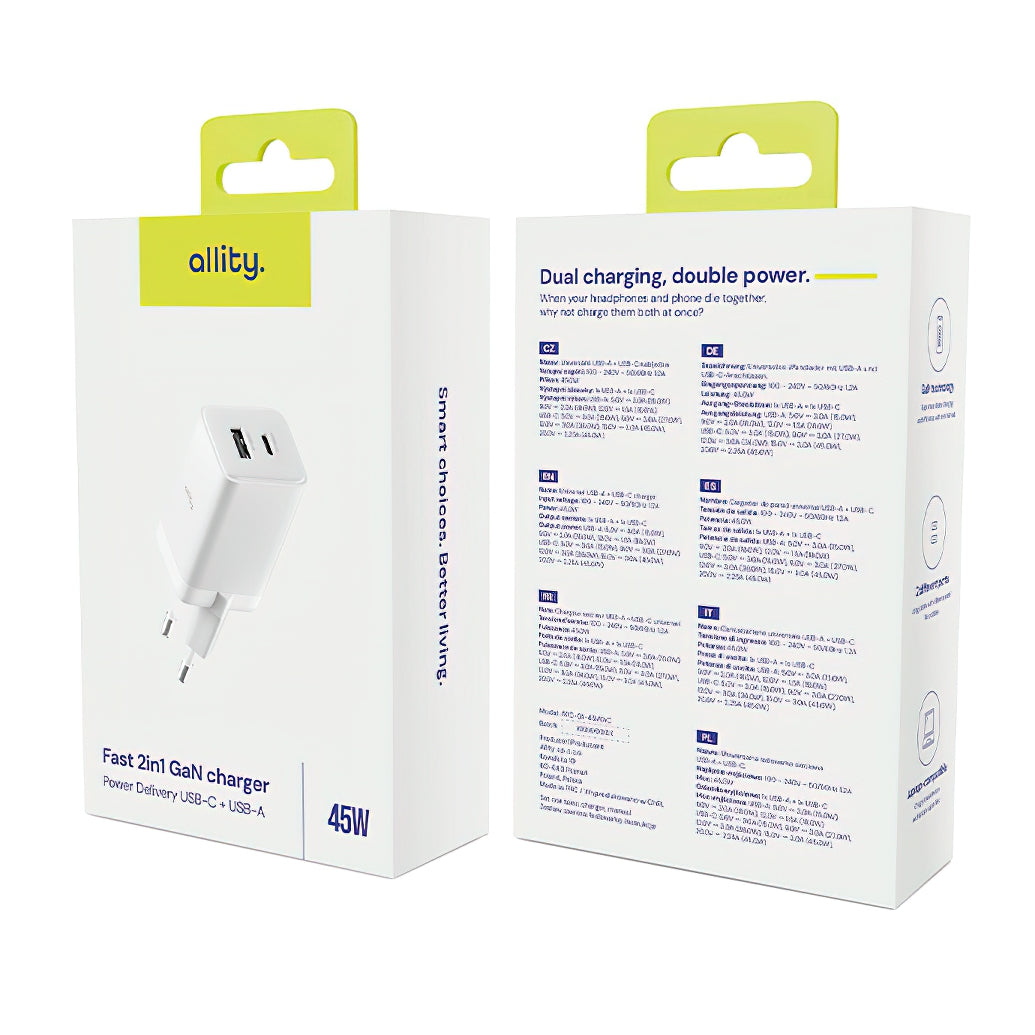Allity Nätverksladdare. ATC-01-45WCC Fast, 45W, 3A, 1 x USB-A - 1 x USB-C, Vit.