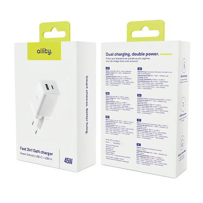 Allity Nätverksladdare. ATC-01-45WCC Fast, 45W, 3A, 1 x USB-A - 1 x USB-C, Vit.