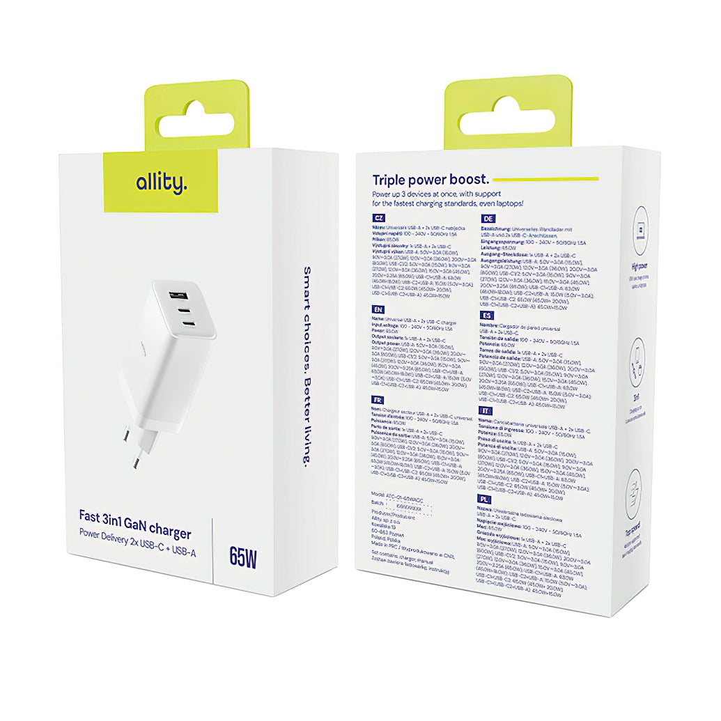 Allity Network Charger. ATC-01-65WACC Fast, 65W, 3.25A, 1 x USB-A - 2 x USB-C, White