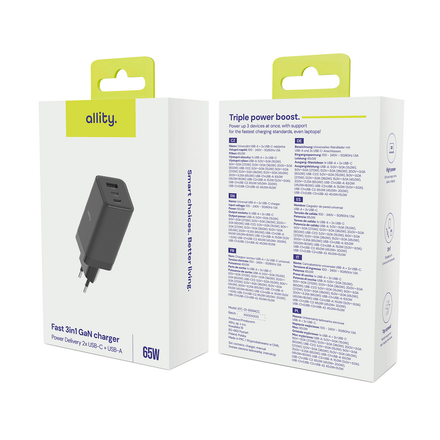 Allity Nätverksladdare. ATC-01-65WACC Fast, 65W, 3.25A, 1 x USB-A - 2 x USB-C, Svart