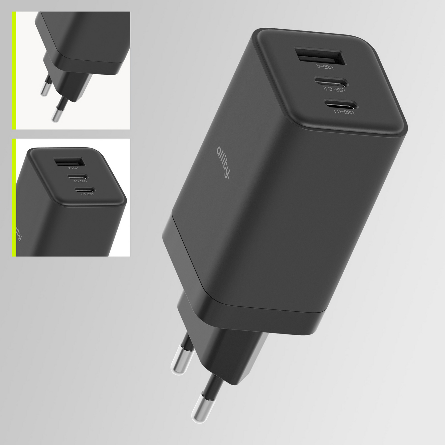 Allity Nätverksladdare. ATC-01-65WACC Fast, 65W, 3.25A, 1 x USB-A - 2 x USB-C, Svart