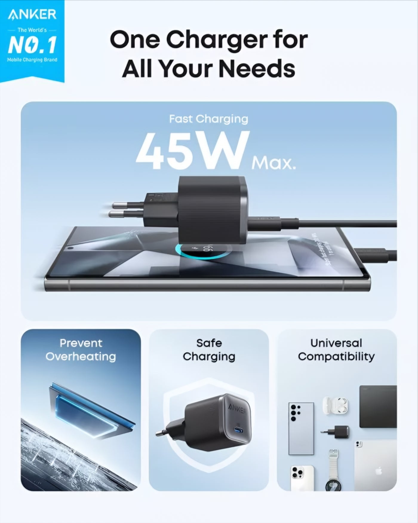 Anker Nano Nätadapter, 45W, 3A, 1 x USB-C, Svart A2692L11