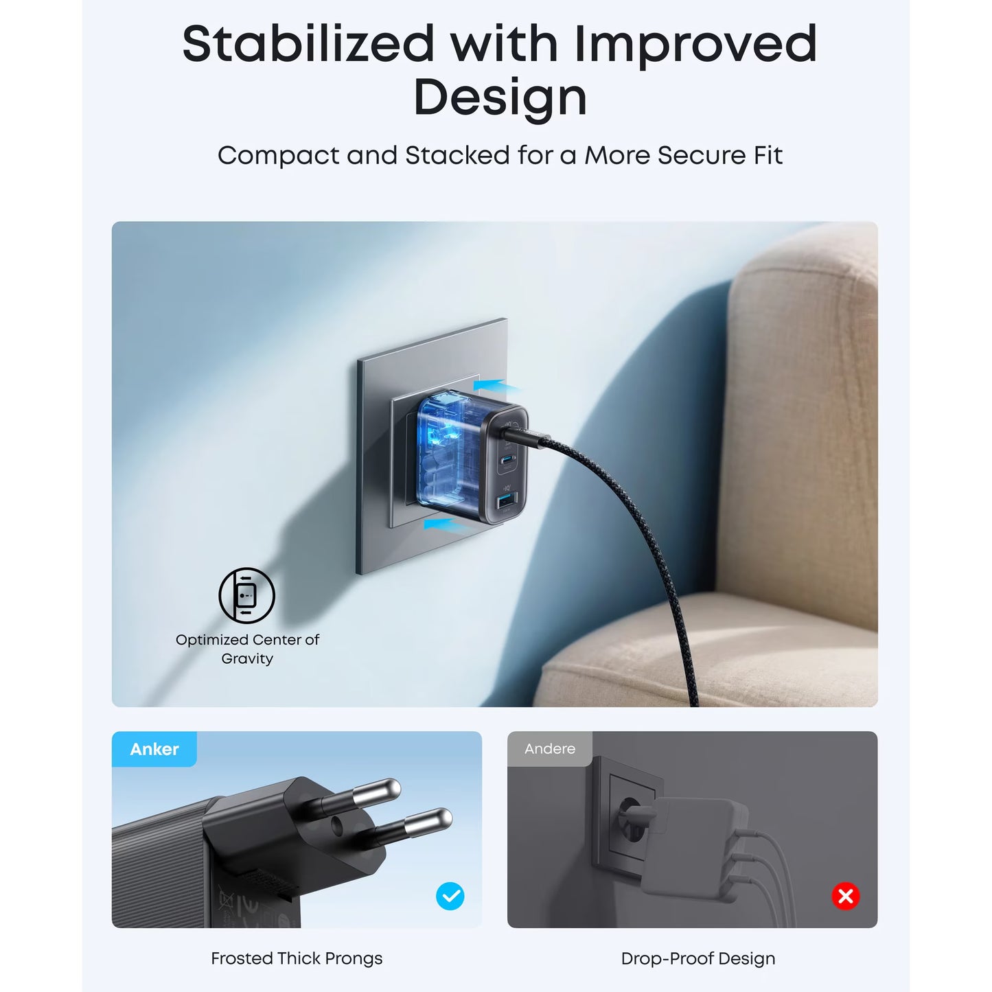 Anker Nano Nätverksladdare, 70W, 3.5A, 1 x USB-A - 2 x USB-C, Svart A121AL11