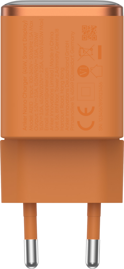 Anker Nano Display Nätadapter, 45W, 3A, 1 x USB-C, Orange A121DGO1
