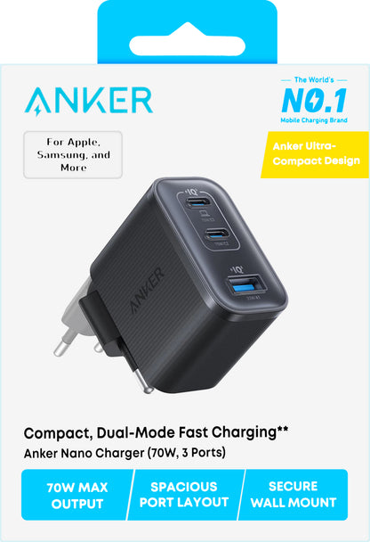 Anker Nano Nätverksladdare, 70W, 3.5A, 1 x USB-A - 2 x USB-C, Svart A121AL11