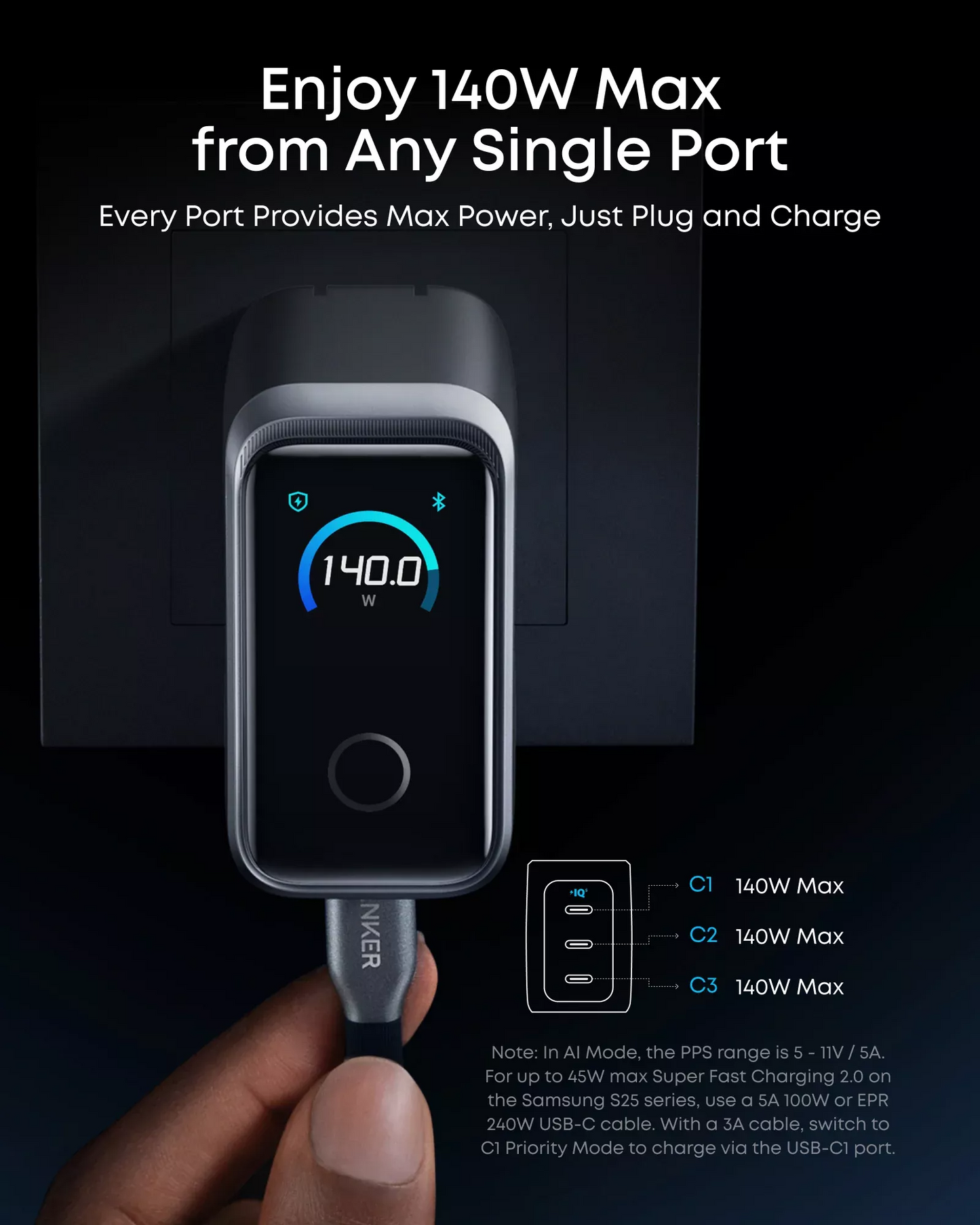 Anker Prime Nätverksladdare, 160W, 5.36A, 3 x USB-C, Grå A2687341