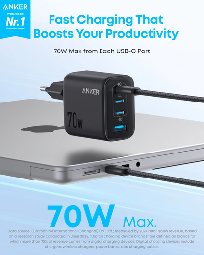 Anker Zolo nätadapter, 70W, 1 x USB-A - 3 x USB-C, svart A121CG11