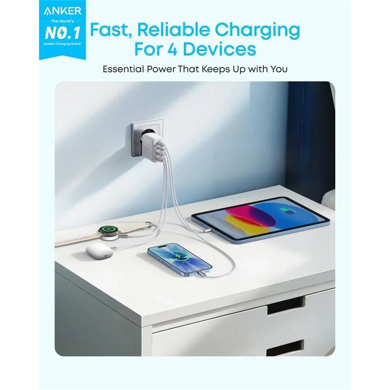 Anker Zolo Nätadapter, 50W, 3A, 2 x USB-A - 2 x USB-C, Vit A121EG21