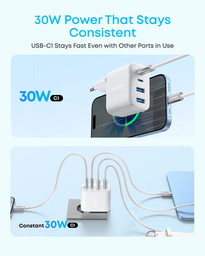 Anker Zolo nätadapter, 50W, 3A, 2 x USB-A - 2 x USB-C, vit