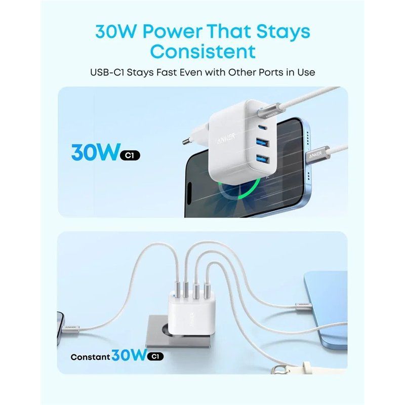 Anker Zolo Nätadapter, 50W, 3A, 2 x USB-A - 2 x USB-C, Vit A121EG21
