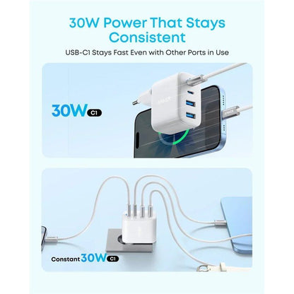Anker Zolo Nätadapter, 50W, 3A, 2 x USB-A - 2 x USB-C, Vit A121EG21
