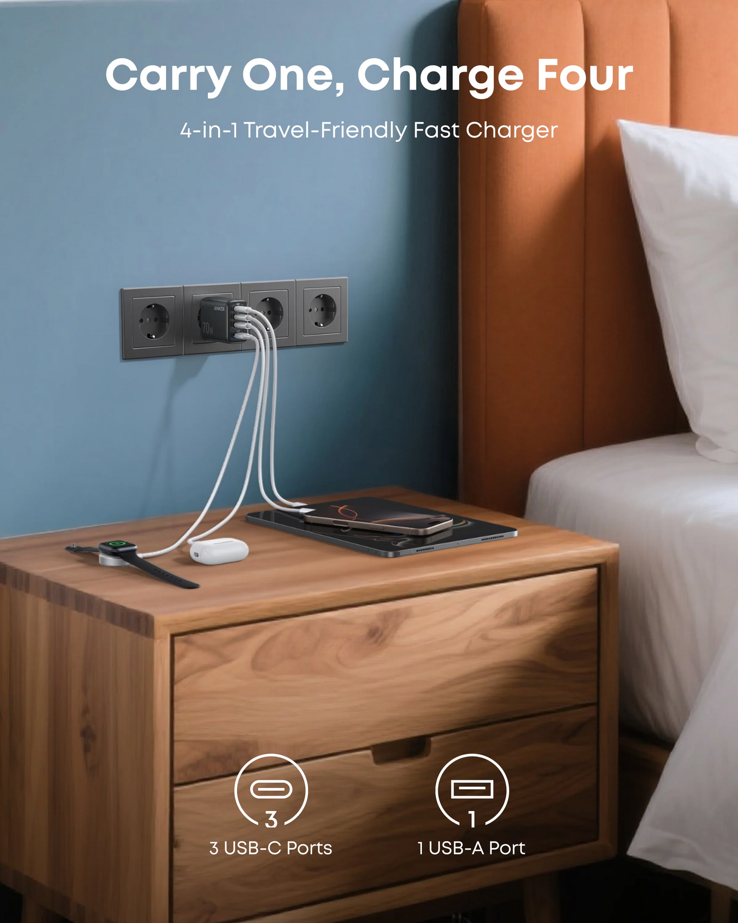Anker Zolo nätadapter, 70W, 1 x USB-A - 3 x USB-C, svart A121CG11