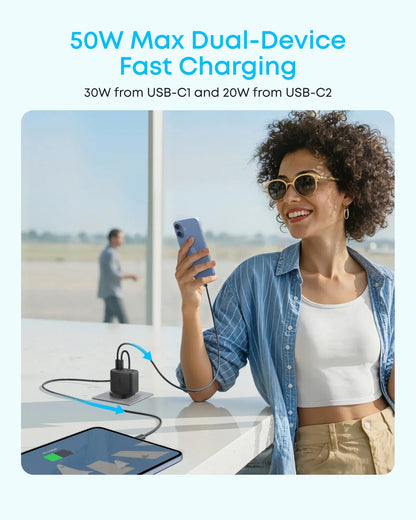 Anker Zolo nätadapter, 50W, 3A, 2 x USB-A - 2 x USB-C, vit
