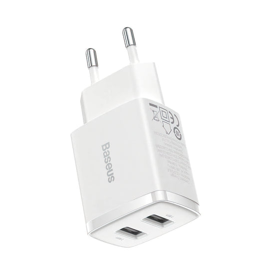 Baseus Compact nätverksladdare, 10.5W, 2.1A, 2 x USB-A, Vit CCXJ010202