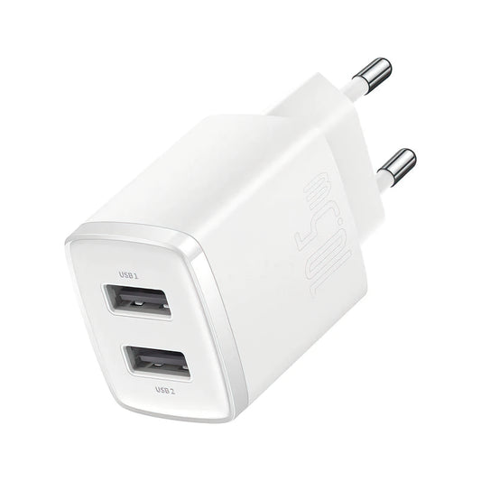 Baseus Compact nätverksladdare, 10.5W, 2.1A, 2 x USB-A, Vit CCXJ010202