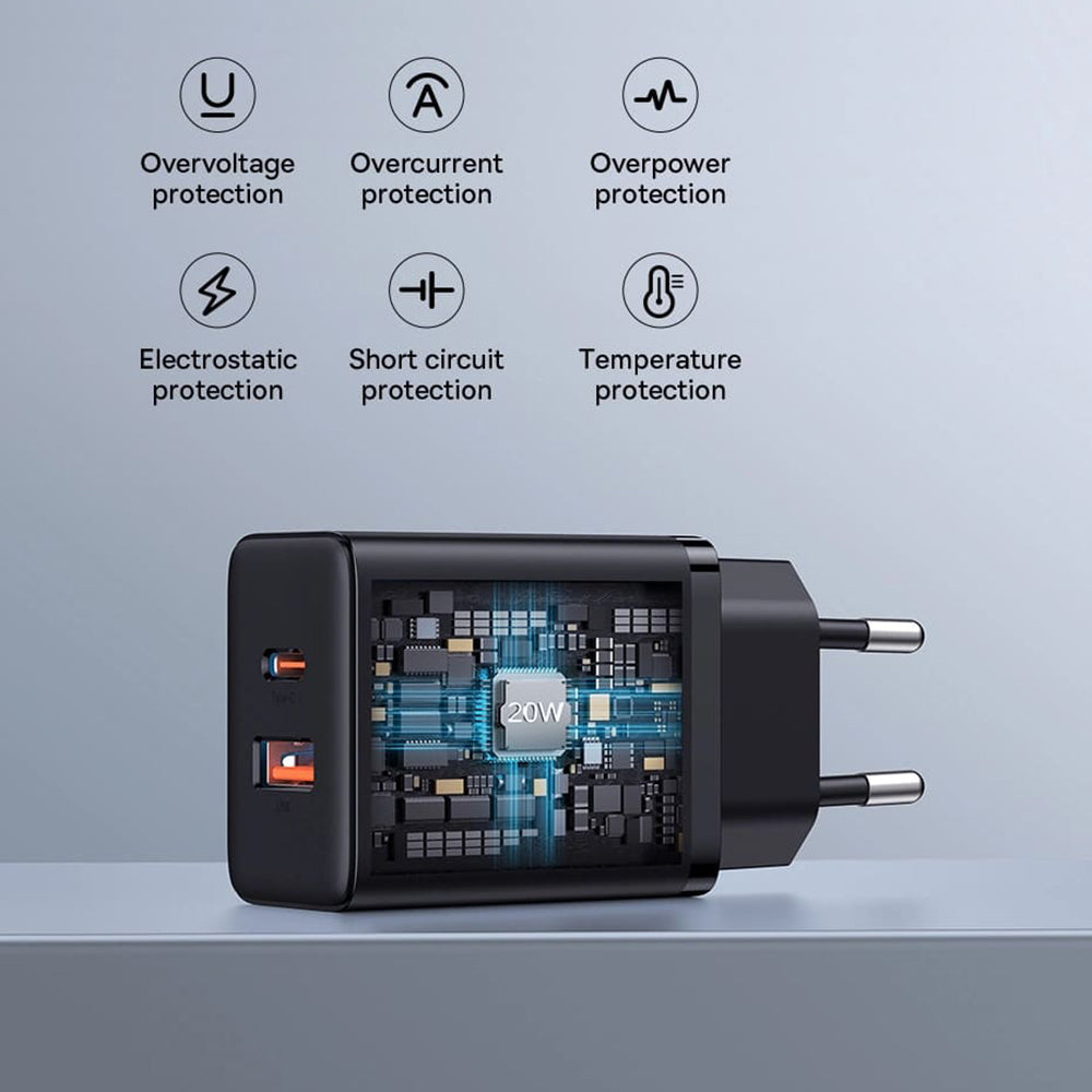 Baseus Cube nätverksladdare, 20W, 3A, 1 x USB-A - 1 x USB-C, Vit P10111403213-00