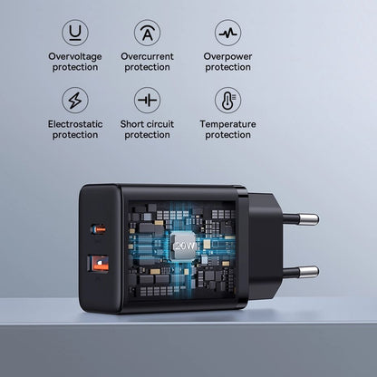 Baseus Cube nätverksladdare, 20W, 3A, 1 x USB-A - 1 x USB-C, Vit P10111403213-00
