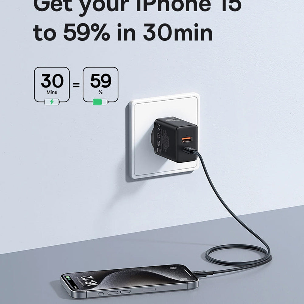 Baseus Cube nätverksladdare, 20W, 3A, 1 x USB-A - 1 x USB-C, Vit P10111403213-00
