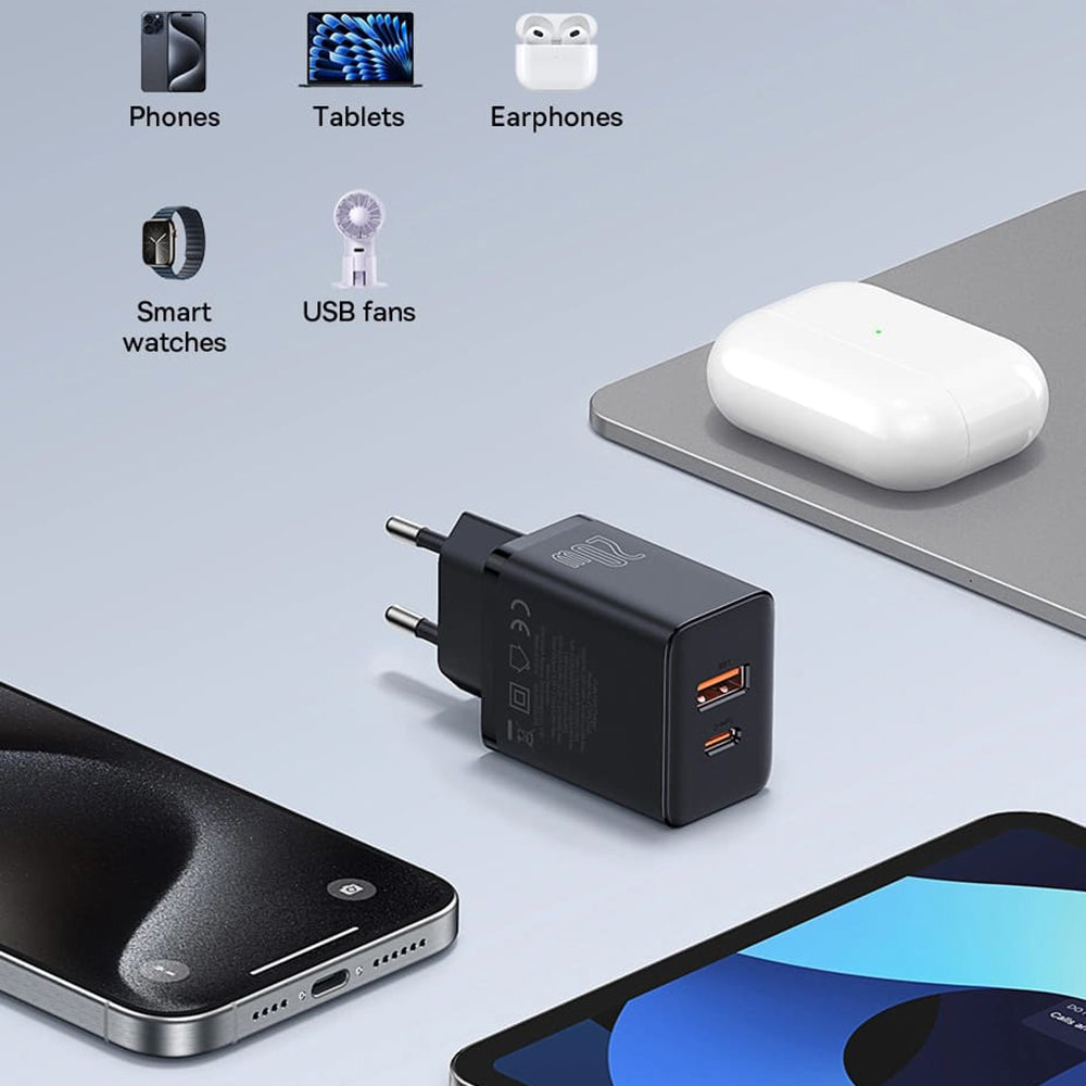 Baseus Cube nätverksladdare, 20W, 3A, 1 x USB-A - 1 x USB-C, Vit P10111403213-00