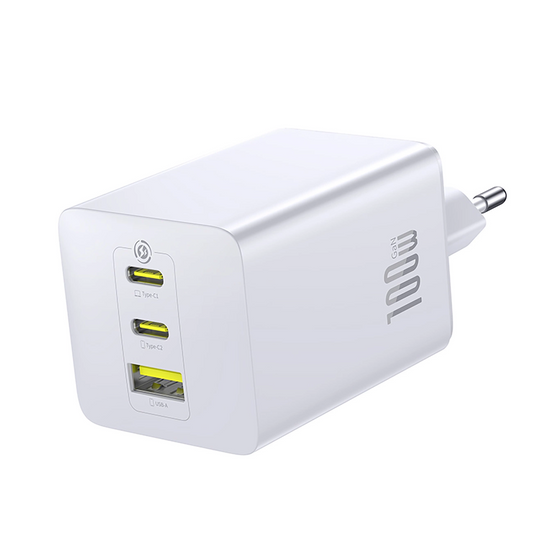 Baseus EnerFill FE11 nätverksladdare, 100W, 5A, 1 x USB-A - 2 x USB-C, Vit P10182102213-00