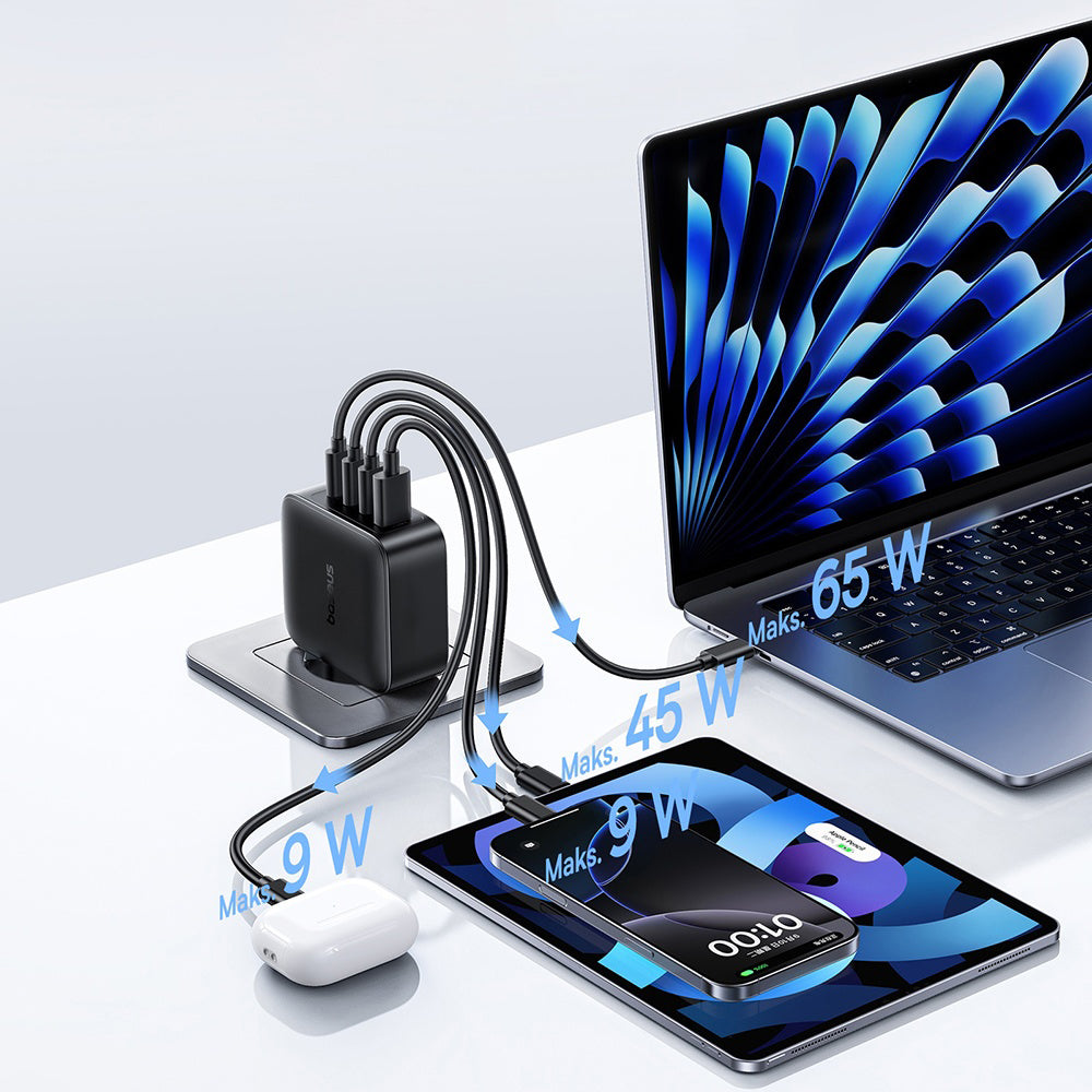 Baseus EnerFill FH11 nätverksladdare, 140W, 5A, 1 x USB-A - 3 x USB-C, Svart E0121J00