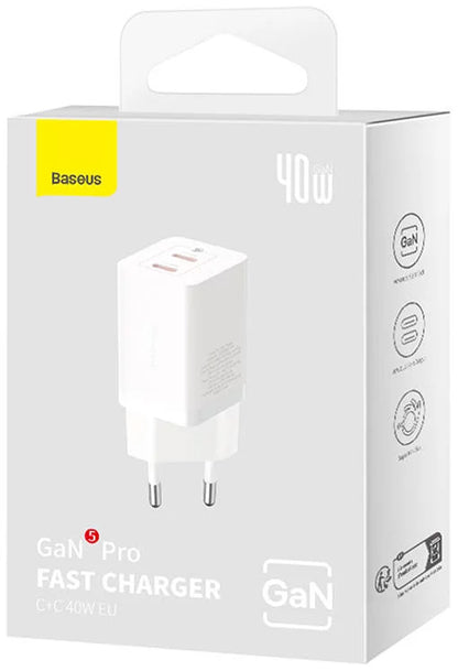Nätverksladdare Baseus GaN5 Pro, 40W, 3A, 2 x USB-C, Vit CCGP180102