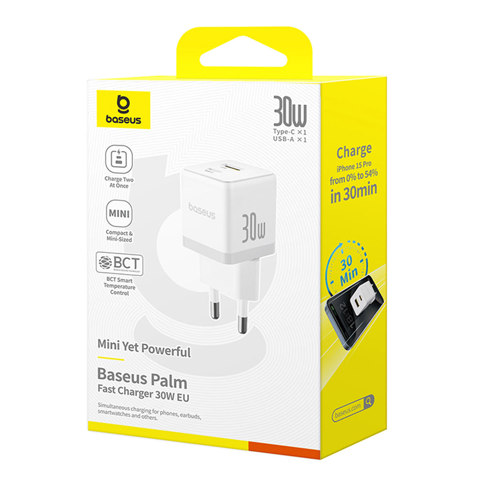Baseus Palm nätverksladdare, 30W, 3A, 1 x USB-A - 1 x USB-C, Vit P1011160A213-00