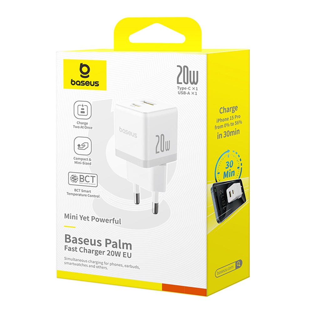 Baseus Palm nätverksladdare, 20W, 3A, 1 x USB-A - 1 x USB-C, Vit CCZC20UE