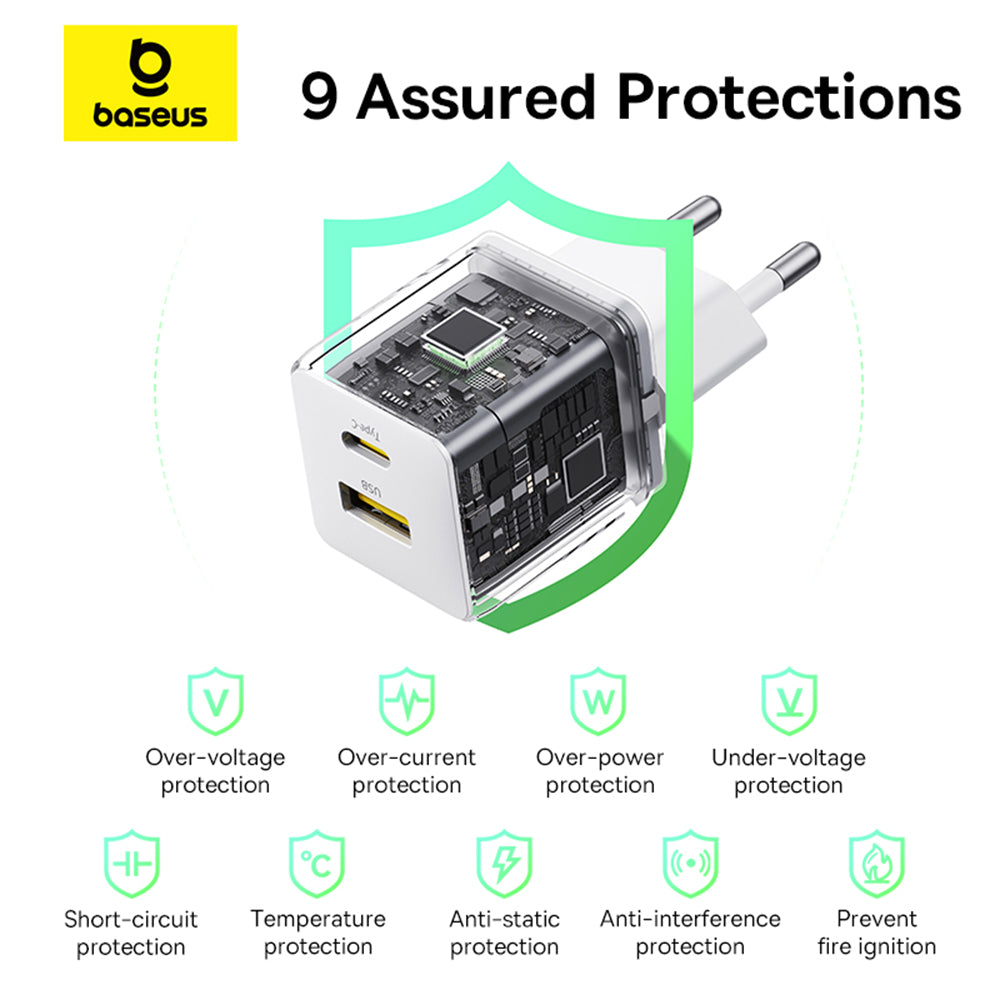 Baseus Palm nätverksladdare, 30W, 3A, 1 x USB-A - 1 x USB-C, Vit P1011160A213-00