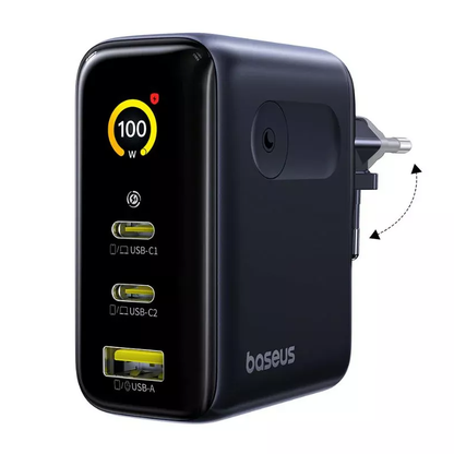 Nätadapter Baseus PicoGo AE21 Display, 100W, 5A, 1 x USB-A - 2 x USB-C, Svart E0121B00