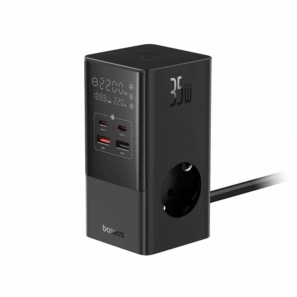 Baseus PowerCombo nätverksladdare, 35W, 5A, 2 x USB-A - 2 x USB-C - 3 x Schuko, Svart, Återsigillad E00023606113-00
