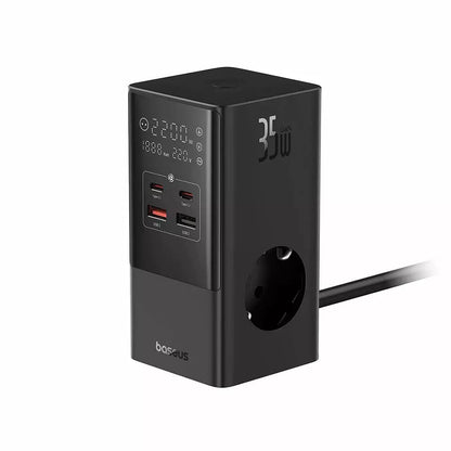 Baseus PowerCombo nätverksladdare, 35W, 5A, 2 x USB-A - 2 x USB-C - 3 x Schuko, Svart, Återsigillad E00023606113-00