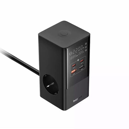 Baseus PowerCombo nätverksladdare, 35W, 5A, 2 x USB-A - 2 x USB-C - 3 x Schuko, Svart, Återsigillad E00023606113-00