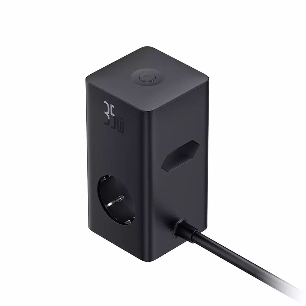Baseus PowerCombo nätverksladdare, 35W, 5A, 2 x USB-A - 2 x USB-C - 3 x Schuko, Svart, Återsigillad E00023606113-00