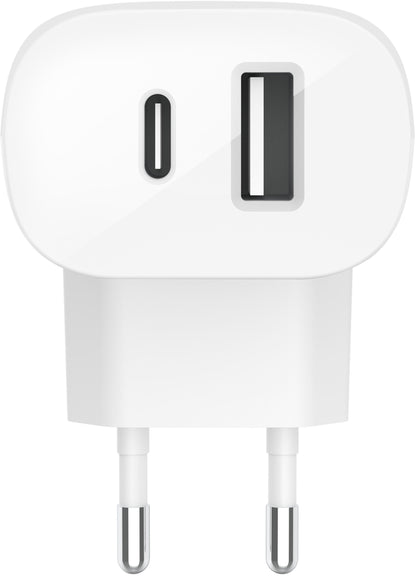 Belkin BoostCharge Dual Nätadapter, 37W, 3A, 1 x USB-A - x USB-C, Vit WCB007vfWH