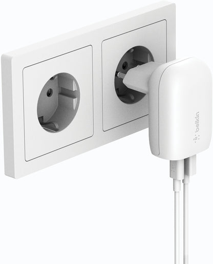 Belkin BoostCharge Dual Nätadapter, 37W, 3A, 1 x USB-A - x USB-C, Vit WCB007vfWH