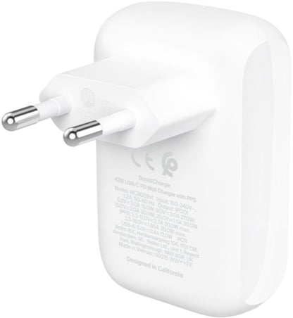 Belkin BoostCharge Dual nätadapter, 42W, 3A, 1 x USB-A - 1 x USB-C, Vit WCB009vfWH