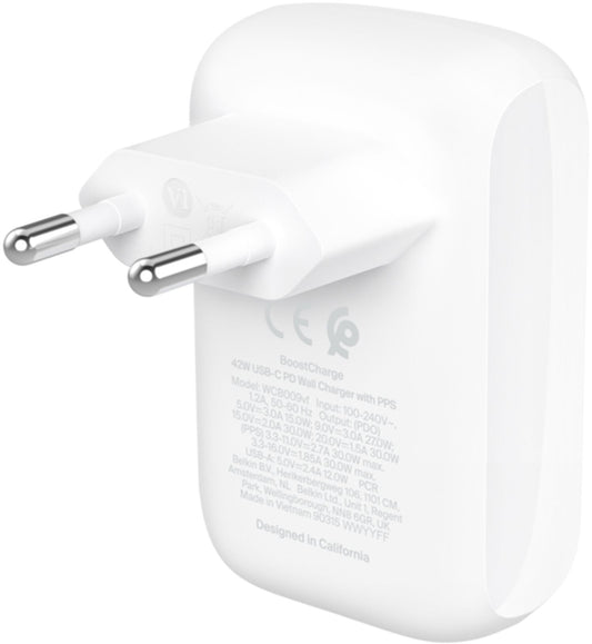 Belkin BoostCharge Dual nätadapter, 42W, 3A, 1 x USB-A - 1 x USB-C, Vit WCB009vfWH