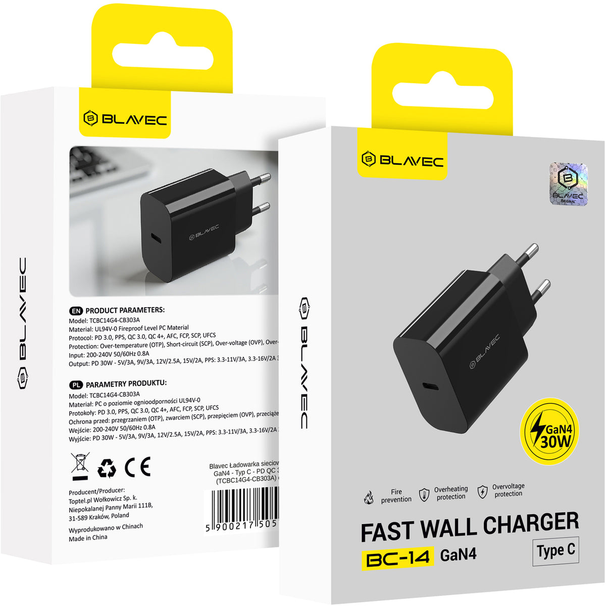 Blavec BC-14 nätadapter, 30 W, 3 A, 1 × USB-C, svart