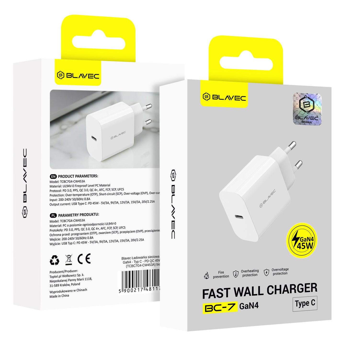 Nätadapter Blavec BC-7, 45W, 3A, 1 x USB-C, Vit