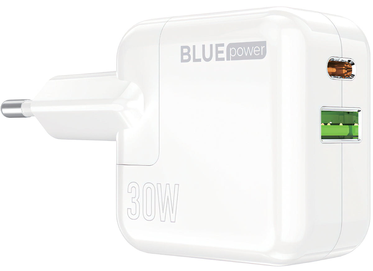 Nätverksladdare BLUE Power BC111A, 30W, 3A, 1 x USB-A - 1 x USB-C, Vit
