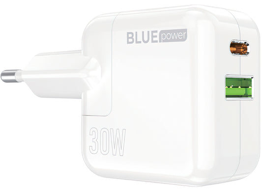 Nätverksladdare BLUE Power BC111A, 30W, 3A, 1 x USB-A - 1 x USB-C, Vit