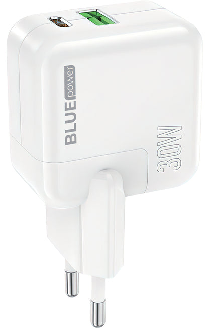 Nätverksladdare BLUE Power BC111A, 30W, 3A, 1 x USB-A - 1 x USB-C, Vit