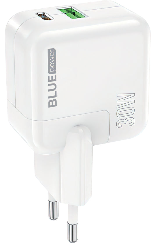 Nätverksladdare BLUE Power BC111A, 30W, 3A, 1 x USB-A - 1 x USB-C, Vit