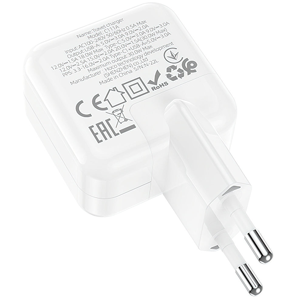 Nätverksladdare BLUE Power BC111A, 30W, 3A, 1 x USB-A - 1 x USB-C, Vit