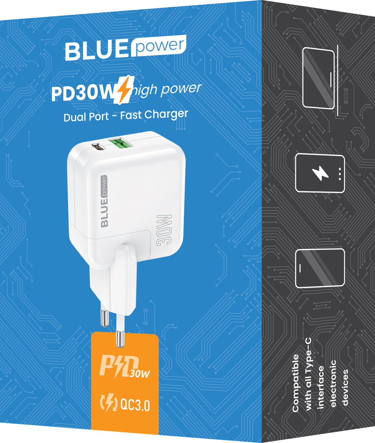 Nätverksladdare BLUE Power BC111A, 30W, 3A, 1 x USB-A - 1 x USB-C, Vit