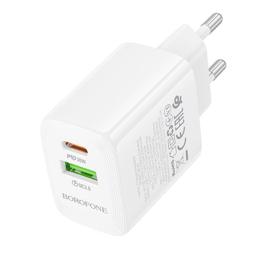 Nätverksladdare Borofone BN29 Fuente, 30W, 3A, 1 x USB-A - 1 x USB-C, Vit