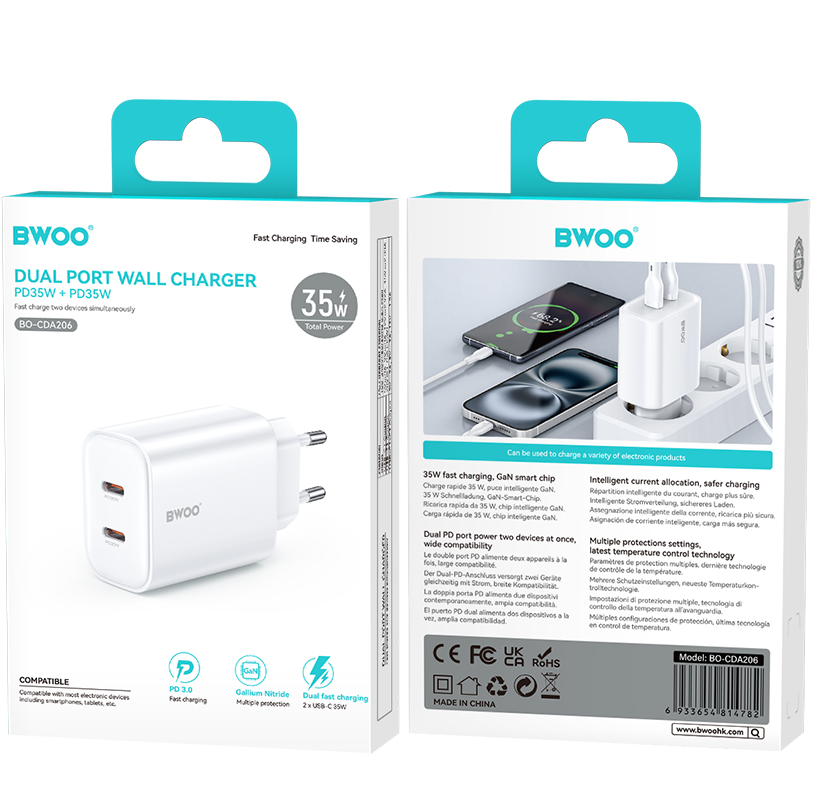 Nätadapter BWOO CDA206, 35W, 3A, 2 x USB-C, Vit