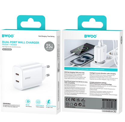 Nätadapter BWOO CDA206, 35W, 3A, 2 x USB-C, Vit