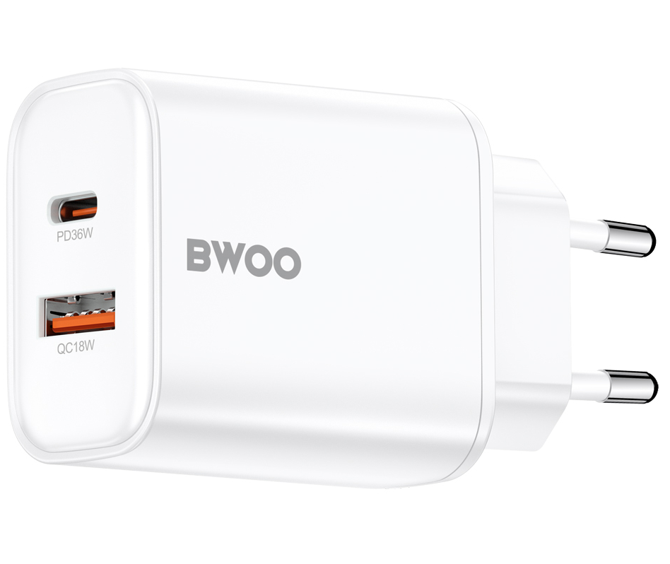 Nätverksladdare BWOO CDA207, 36W, 3A, 1 x USB-A - 1 x USB-C, Vit
